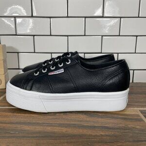 Superga 2790 Shoes Womens Size 7 Black Leather Low Top Lace Up Platform Sneaker